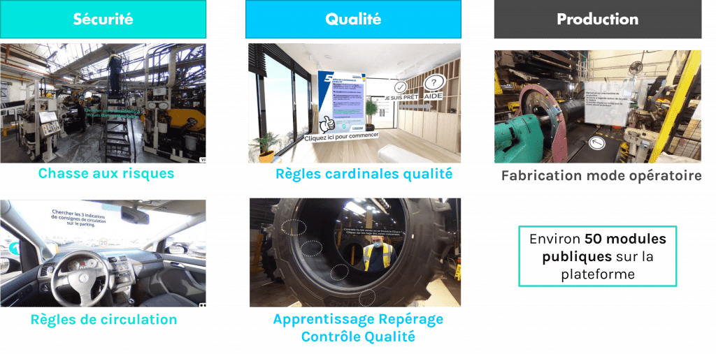 Captures d'écrans de modules de formations VR pour Michelin disponibles sur la plateforme